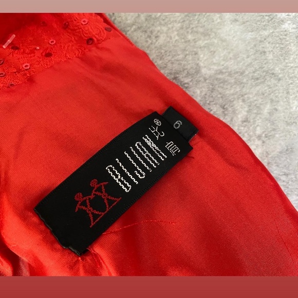 Embroidered mandarin collar dress with rabbit fur trim. - Picture 7 of 8